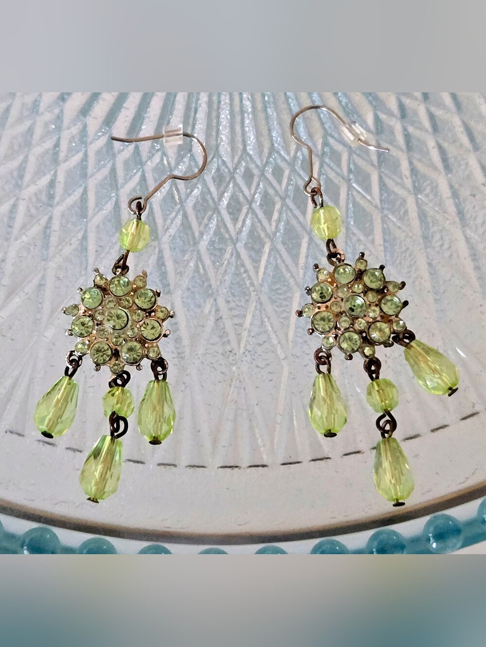 Vtg 70s Chandelier Drop Earrings, Peridot Crystal Rhinestone, Bohemian